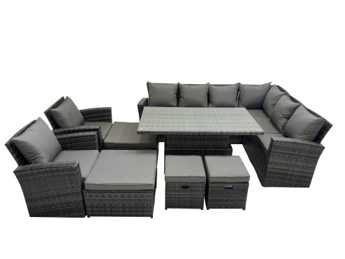 Fimous 12 Seat Rattan Garden Furniture Corner Sofa Set Outdoor Adjustable Lifting Dining or Coffee Table Set with 4 Footstools Dark Grey Mixed