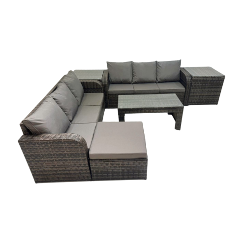 Fimous Rattan Garden Outdoor Furniture Set 3 Seater Sofa Coffee Table with Big Footstool 2 Side Tables Dark Grey Mixed