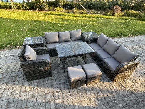 Fimous Wicker 8 Pieces Rattan Garden Furniture Sofa Set with Rectangular Dining Table Armchair 2 Small Footstools 2 Side Tables Dark Grey Mixed