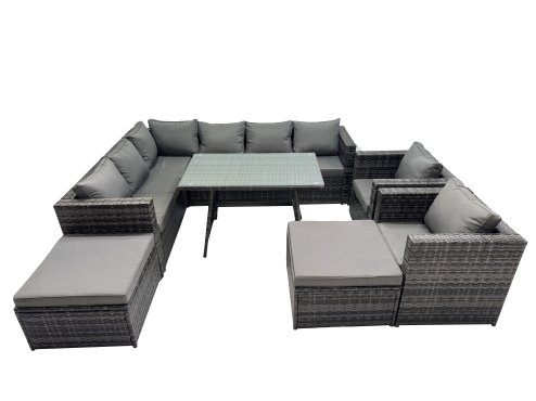 Fimous 10-seater Outdoor PE Rattan Sofa Set with Dining Table Patio Garden Furniture Sets with 2 Chair 2 Big Stools Dark Grey Mixed
