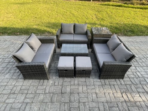Fimous 7pc Rattan Sofa Garden Furniture Outdoor Patio Set with Side Table 2 Small Footstools Double Seat Sofa Dark Grey Mixed