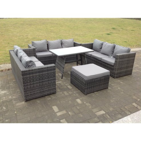 Fimous Outdoor Rattan Garden Furniture Lounge Sofa Set With Oblong Dining Table With Clear Tempered Glass And Big Footstool