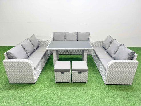 Fimous Patio Garden Furniture Sets with Black Glass Top Dining Table 3 Seater Sofa Side Table 2 Small Stool Light Grey