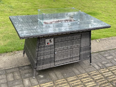 Fimous Outdoor Rattan Garden Furniture Set Gas Fire Pit Rectangular Table Sets Gas Heater with 6 Seater Dining Cahirs Dark Grey Mixed