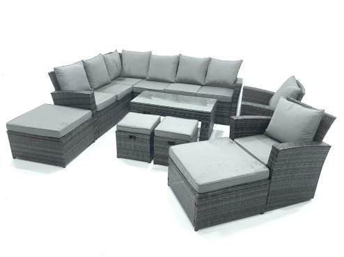 Fimous 12 Seat Rattan Garden Furniture Corner Sofa Set Outdoor Patio Sofa Chair Table Set with 2 Small Footstools 2 Big Footstools Dark Grey Mixed