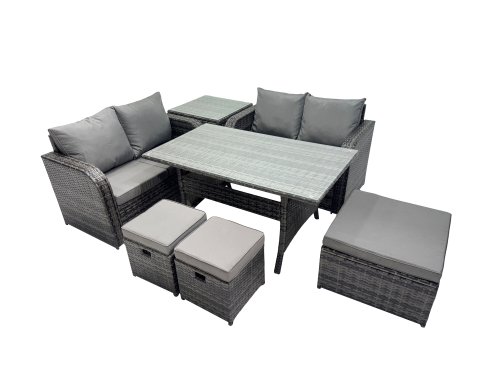 Fimous Wicker PE Rattan Garden Outdoor Furniture Set Love Sofa Dining Table Sets with 3 Stools Side Table Dark Grey Mixed