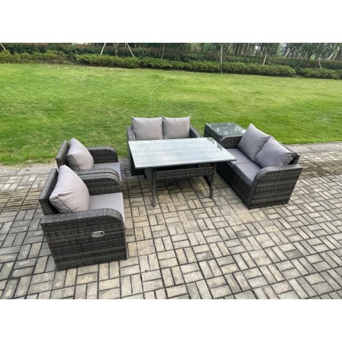Fimous Rattan Outdoor Furniture Garden Dining Set Rectangular Table and Chair Sofa Set With Side Table Dark Grey Mixed