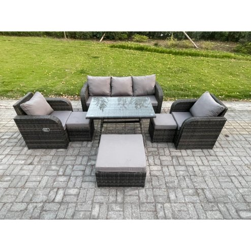 Fimous 8 Seater Rattan Wicker Garden Furniture Patio Conservatory Sofa Set with Rectangular Dining Table Reclining Chair 3 Seater Sofa 3 Footstools