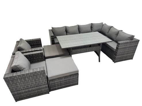 Fimous Rattan Garden Furniture Set Outdoor 10 Seater Patio Dining Corner Sofa Sets with Dining Table 2 Chairs 2 Big Stools Dark Grey Mixed