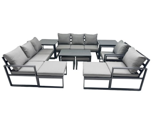 Fimous Outdoor Garden Furniture Set Aluminium Lounge 3 Seat Sofa Oblong Coffee Table Sets with 2 Chairs 4 Stools 2 Side Tables Dark Grey