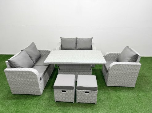 Fimous High Back Poly Rattan Garden Furniture Set with Reclining Chair Loveseat Sofa Adjustable Lifting Dining or Coffee Table Indoor Outdoor Patio Set 2 Stool Light Grey
