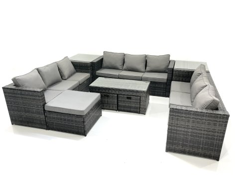 Fimous Outdoor Garden Furniture Set 9 Pieces Rattan Sofa Set with Coffee Table 3 Footstools Side Table Dark Grey Mixed