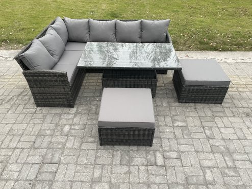 Fimous Outdoor Garden Furniture Set Wicker PE Rattan Height Adjustable Rising Lifting Table Sofa Dining Set with 2 Big Footstool Dark Grey Mixed