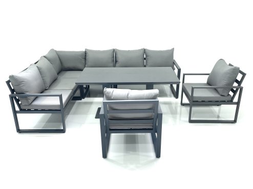 Fimous Aluminum Outdoor Garden Furniture Set Corner Sofa 2 Chairs Adjustable Rising Lifting Dining Table Sets Dark Grey