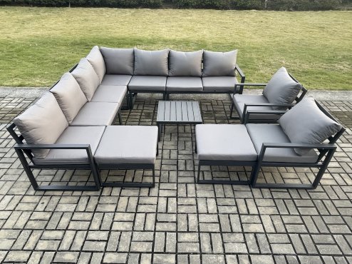 Fimous Aluminium Outdoor Garden Furniture Set Lounge Corner Sofa 2 Pcs Chair Square Coffee Table Sets with 2 Big Footstools Dark Grey