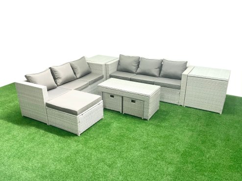 Fimous 9 Seater Garden Outdoor Rattan Furniture Set Rattan Garden Sofa Oblong Coffee Table with 3 Footstools 2 Side Tables Light Grey Mixed
