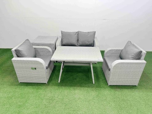 Fimous Light Grey PE Wicker Rattan Garden Furniture Set Sofa Set Reclining Chair Love Sofa Rectangular Dining Table Side Table