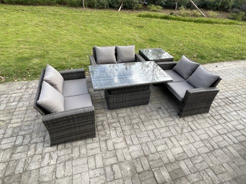 Fimous 6 Seater Rattan Wicker Garden Furniture Patio Conservatory Sofa Set with Height Adjustable Rising Lifting Table Double Seat Sofa Side Table