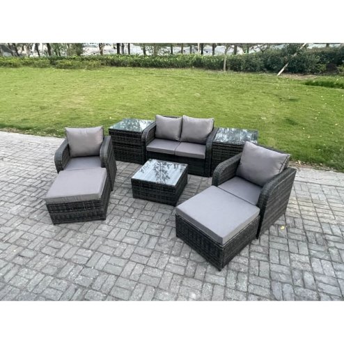 Fimous Rattan Garden Furniture Set Patio Conservatory Indoor Outdoor 6 Seater Set with Love Sofa Square Coffee Table 2 Big Footstool 2 Side Tables