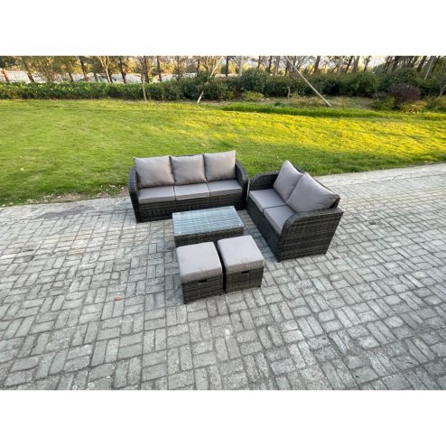 Fimous 7 Seater Rattan Wicker Garden Furniture Patio Conservatory Sofa Set with Rectangular Coffee Table 3 Seater Sofa Love Sofa 2 Small Footstools