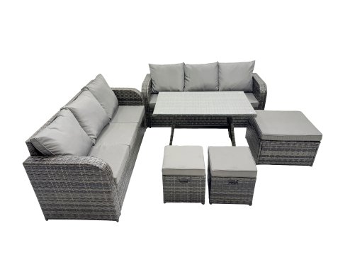 Fimous Garden Rattan Outdoor Furniture Set 9 Seater with 3 Seater Sofa 3 Stools Dark Grey