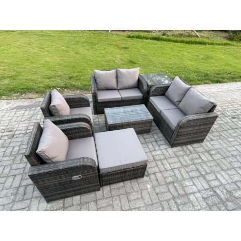 Fimous Rattan Garden Furniture Set 7 Seater Patio Outdoor Lounge Sofa Set with 2 Reclining Chairs Rectangular Coffee Table Big Footstool Side Table Dark Grey Mixed