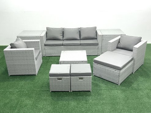 Fimous Rattan Garden Outdoor Furniture Sofa Set with Square Coffee Table 2 Chairs 3 Footstools 2 Side Tables Light Grey Mixed