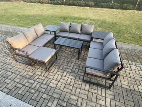 Fimous Aluminium 10 Seater Outdoor Garden Furniture Set Lounge Sofa Oblong Coffee Table Big Footstool Side Table Sets with Cushions Dark Grey