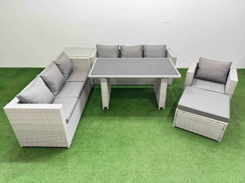 Fimous Patio Garden Furniture Sets with Black Glass Top Dining Table 3 Seater Sofa Armchair Side Table Big Stool Light Grey