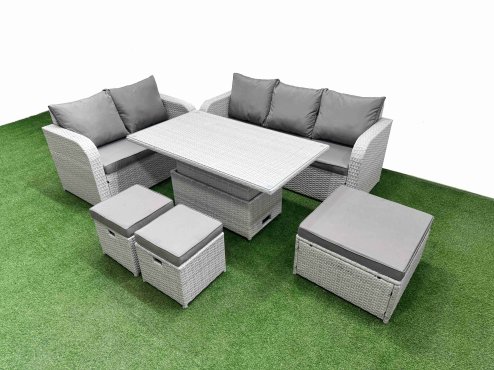Fimous 8 Seater PE Rattan Wicker Garden Furniture Patio Conservatory Sofa Set with Adjustable Lifting Dining or Coffee Table 3 Seater Sofa Love Sofa 3 Stool