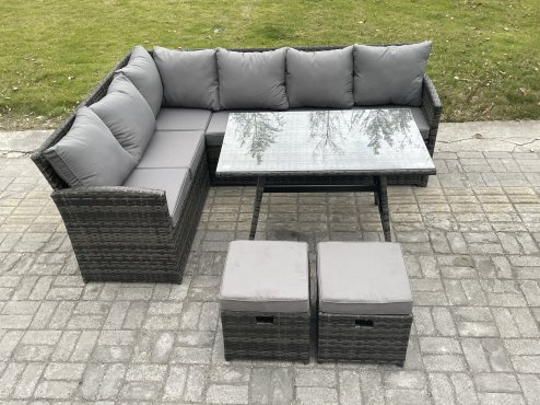 Fimous Wicker Rattan Garden Furniture Corner Sofa Set with Oblong Dining Table 2 Small Footstools 8 Seater Outdoor Rattan Set Dark Grey Mixed