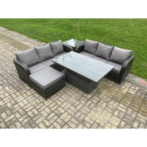 Fimous Outdoor Rattan Garden Furniture Sets Height Adjustable Rising lifting Dining Table Sofa Set with Side Table Big Footstool Dark Grey Mixed