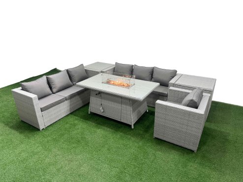 Fimous 7 Seat PE Rattan Lounge Sofa Set Outdoor Garden Furniture Set with Firepit Dining Table 3 Seater Sofa 2 Side Tables Light Grey