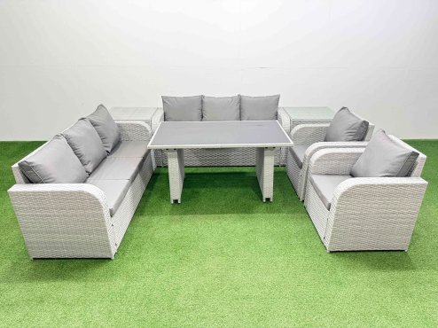 Fimous 8 Seater Wicker PE Rattan Furniture Outdoor Dining Table 3 Seater Sofa Reclining Chair Set with 2 Side Tables Light Grey