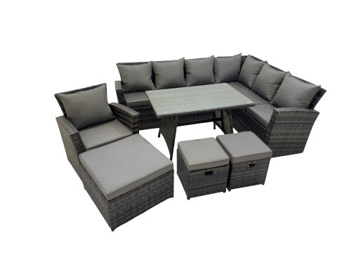 Fimous 10 Seater Garden Outdoor Rattan Furniture Set Rattan Corner Sofa Oblong Dining Table with Armchair 3 Footstools Dark Grey Mixed