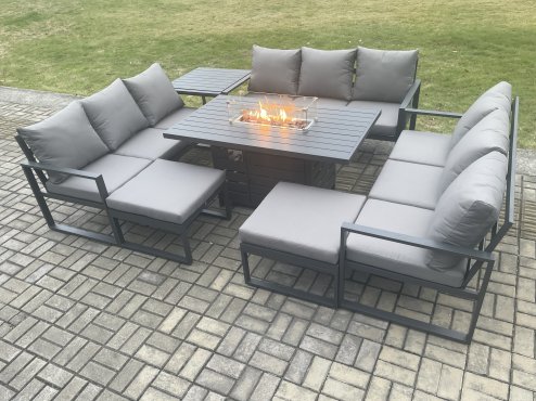 Fimous Aluminium 11 Seater Garden Furniture Outdoor Set Patio Lounge Sofa Gas Fire Pit Dining Table Set with 2 Big Footstools Side Table Dark Grey