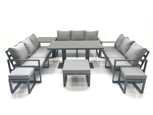 Fimous 12 Seater Garden Sofa Set Aluminium Furniture Rising Dining Tabe Set with Side Table 3 Footstools Dark Grey