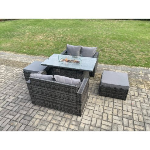 Fimous Rattan Garden Furniture Set with Gas Fire Pit Table 5 Pieces Indoor Outdoor Loveseat Sofa Set Dark Grey Mixed