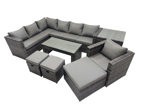 Fimous 8 Pieces Outdoor PE Rattan Garden Furniture Corner Sofa Oblong Coffee Table Set with Cushions 3 Footstools Side Table Dark Grey Mixed