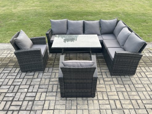 Fimous High Back Outdoor Garden Furniture Set Rattan Corner Sofa Dining Table Set With 2 Armchairs 8 Seater Dark Grey Mixed