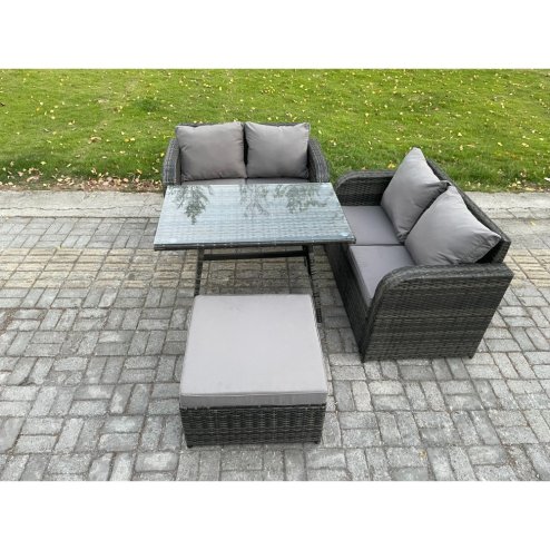 Fimous Outdoor Garden Furniture Sets 4 Pieces Wicker Rattan Furniture Sofa Sets with Rectangular Dining Table Love Sofa Big Footstool