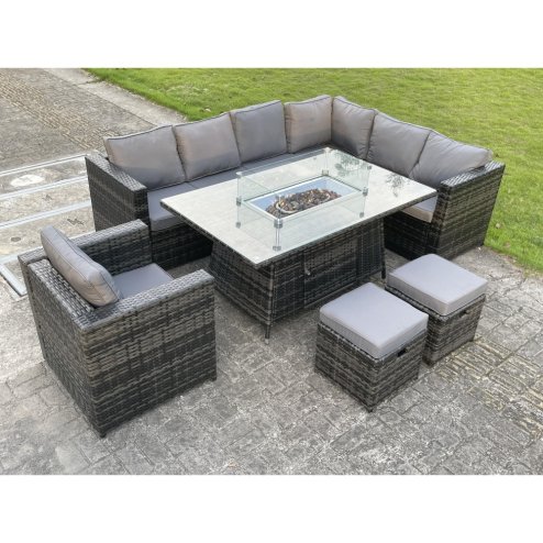 Fimous Outdoor Rattan Garden Furniture Corner Sofa Set Gas Fire Pit Table Dining Sets Gas Heater Burner Lounge Footstools Chair Dark Grey 9 Seater