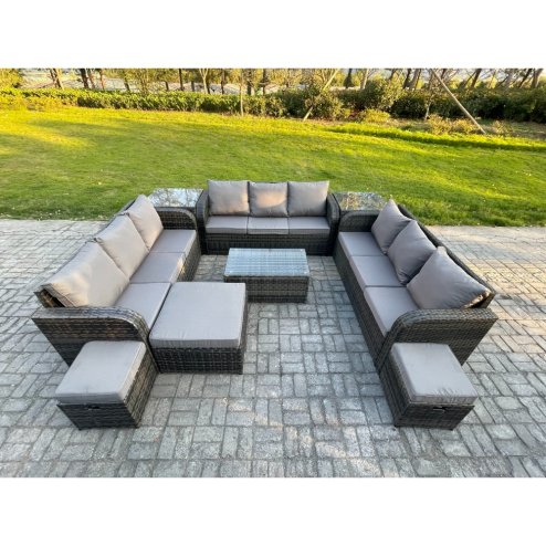 Fimous Rattan Lounge Sofa Set 12 Seater Outdoor Garden Furniture Set with Rectangular Coffee Table 3 Seater Sofa 2 Side Tables 3 Footstools Dark Grey Mixed