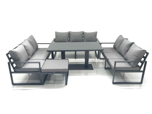 Fimous 10 Seater Garden Sofa Set Aluminium Furniture Rising Dining Tabe Set with Big Footstool Dark Grey