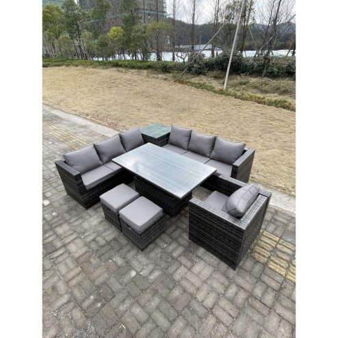 Fimous 9 Seater PE Rattan Corner Sofa Set Rising Adjustable Dining Table Set High Side Coffee Table With Arm Chair Stools
