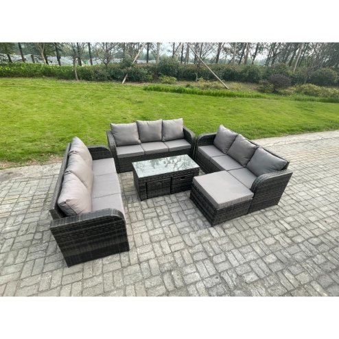 Fimous 12 Seater Rattan Garden Furniture Set Indoor Outdoor Patio Sofa Set with Coffee Table 3 Footstools Dark Grey Mixed