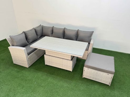 Fimous 7 Seat Rattan Outdoor Garden Furniture Corner Sofa Set Adjustable Lifting Dining or Coffee Table Set with Armchair Big Footstool Light Grey