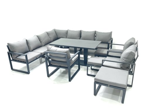 Fimous 13 Seater Outdoor Aluminum Garden Furniture Set Corner Sofa 3 Chair 3 Footstools Adjustable Rising Lifting Dining Table Sets Dark Grey