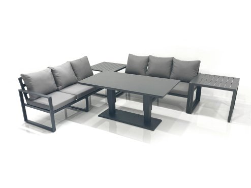 Fimous 6 Seater Aluminium Outdoor Garden Furniture Set with Adjustable Rising Lifting Dining Table 3 Seater Sofa 2 Side Tables Dark Grey