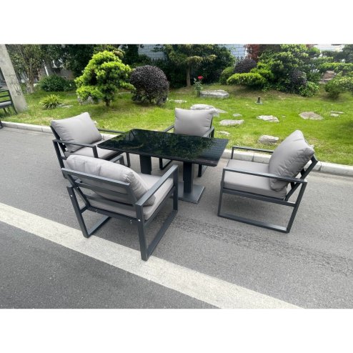 Fimous Aluminum Garden Furniture Dining Set Adjustable Rising Lifting Table And Chairs Patio Outdoor 4 Seat Plus Black Tempered Glass Dark Grey